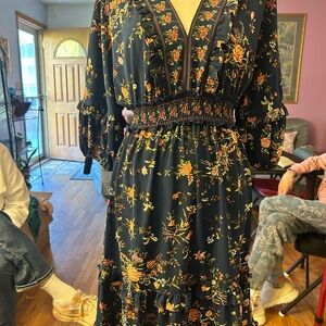 Floral Long Sleeve Dress in Dark Blue